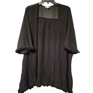 Umgee Black Linen Blend‎ Open Front Kimono Cardigan Fringe Trim M/L Lagenlook